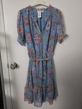 NWT LOFT Sky Blue Floral Ruffle-Tie Mini Dress
